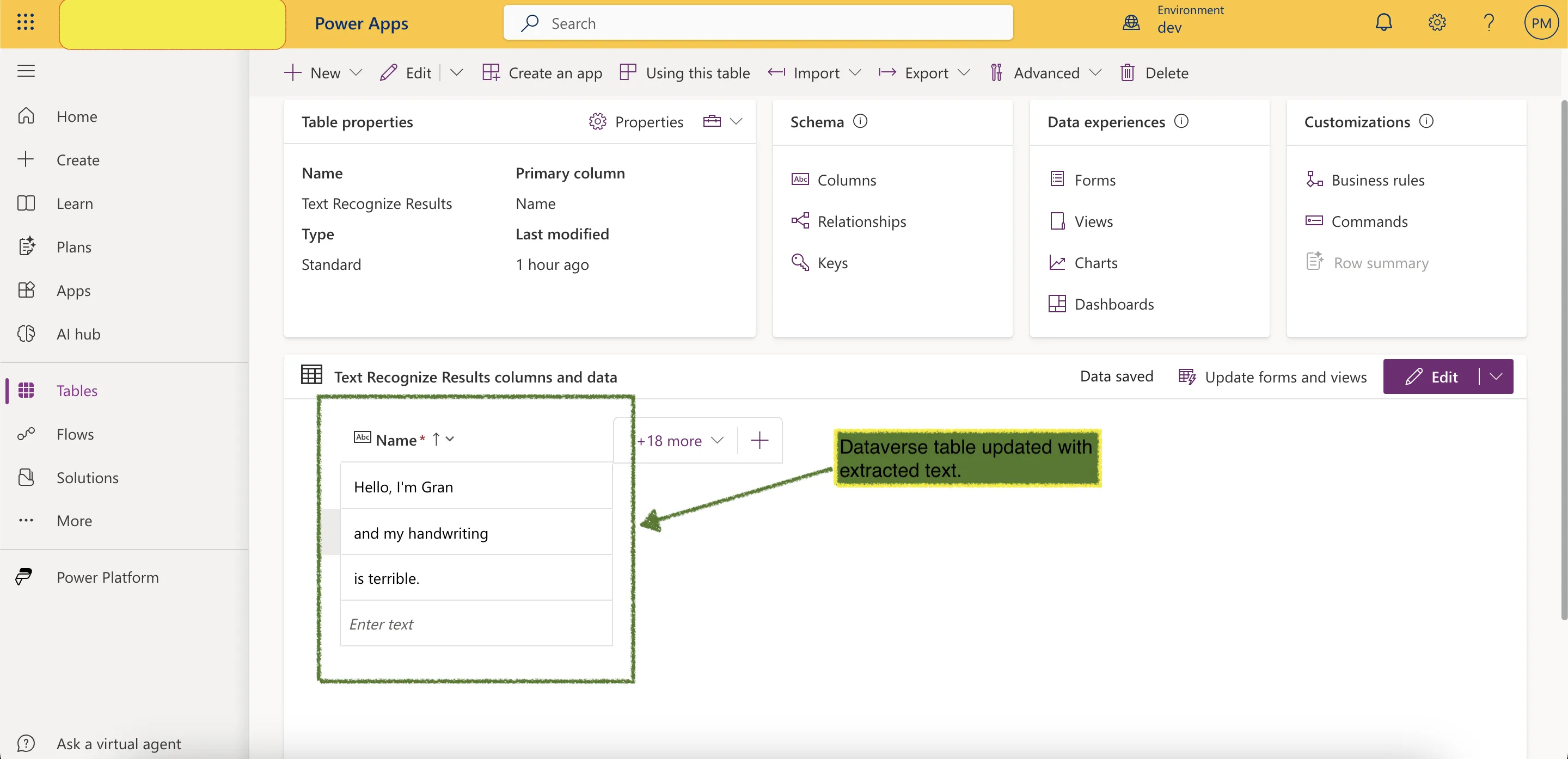 Dataverse table updated with extracted text